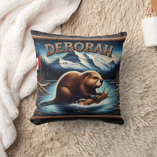 Canadian Beaver With Flag Near Scenic Mountains Throw Pillow (Blanket)
