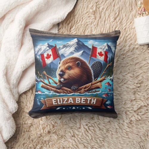 Canadian Beaver With Flags in Mountain Setting Throw Pillow