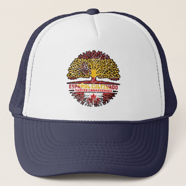 Canadian Canada Spain Spanish Tree Roots Flag Trucker Hat (Front)