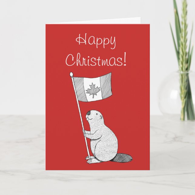 Canadian Christmas Card Beaver Maple-leaf Flag (Front)