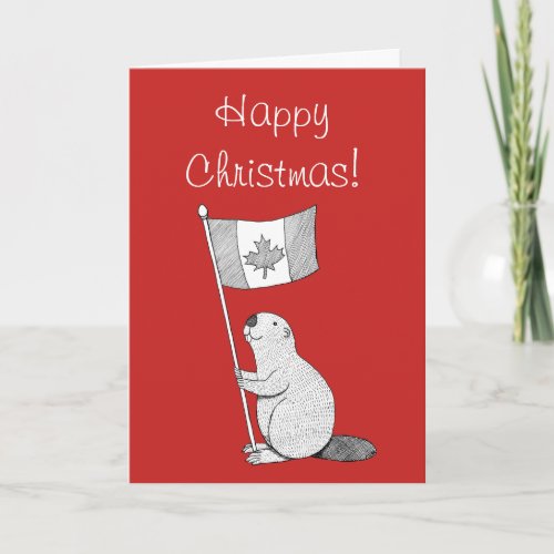 Canadian Christmas Card Beaver Maple_leaf Flag