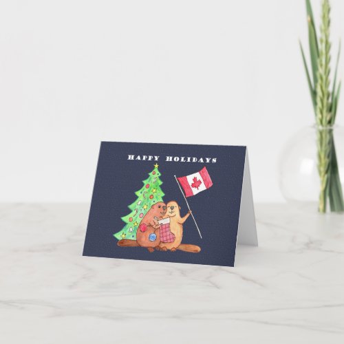 Canadian Christmas Holiday Beaver Maple Leaf Flag  Card