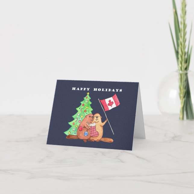 Canadian Christmas Holiday Beaver Maple Leaf Flag  Card (Front)