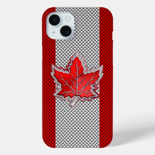 Canadian Chrome Maple Leaf on Carbon Fiber Styles iPhone 15 Plus Case
