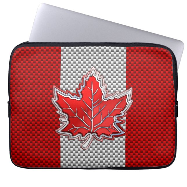 Canadian Chrome Maple Leaf on Carbon Fiber Styles Laptop Sleeve (Front)