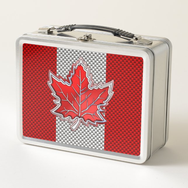Canadian Chrome Maple Leaf on Carbon Fiber Styles Metal Lunch Box (Front)