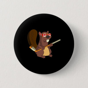 Canadian Cute Animal Gift Beaver Maple Leaf Hockey Button