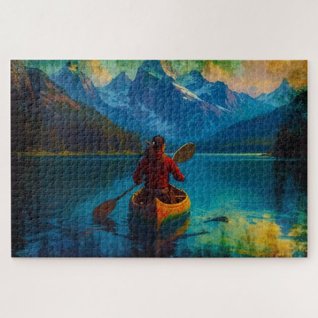 Canadian FIrst Nations Paddler and Canoe Jigsaw Puzzle (Horizontal)