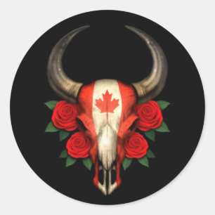 Canadian Flag Bull Skull with Red Roses Classic Round Sticker