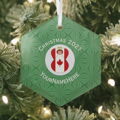 Canadian Flag Christmas Angel Name Year Hexagon Glass Ornament