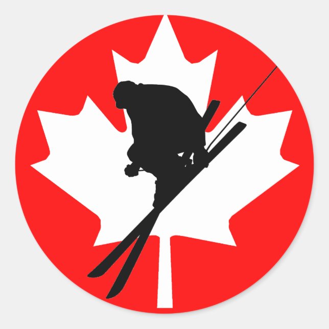 Canadian flag downhill skiing classic round sticker (Front)