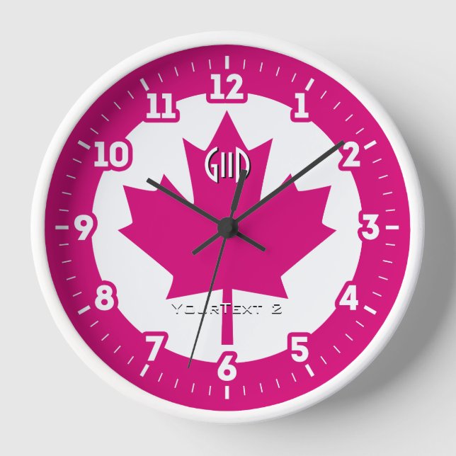Canadian Flag Fuchsia Maple Leaf on a Clock (Front)