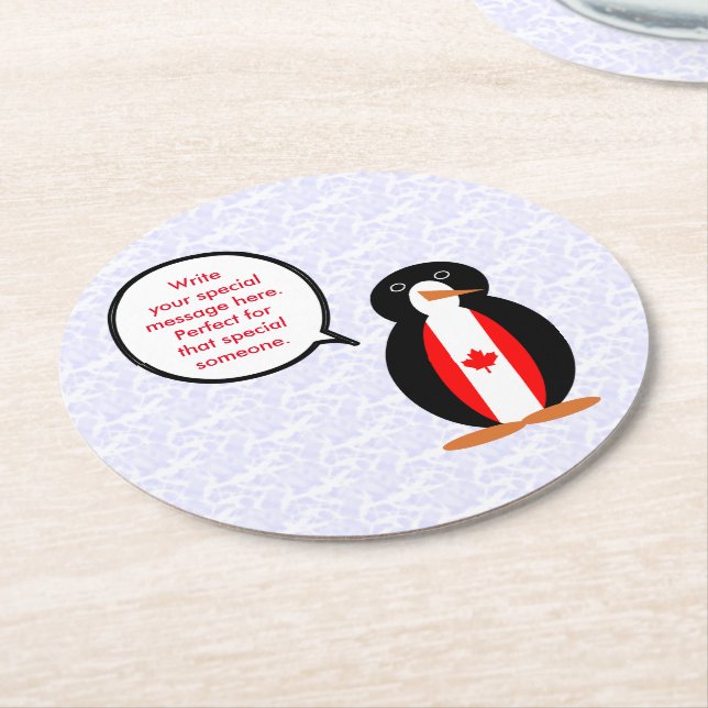 Canadian Flag Holiday Ms. Penguin Talking Round Paper Coaster (Angled)