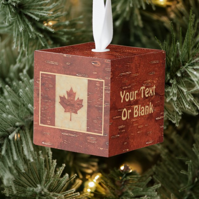Canadian Flag On Inner Birch Bark Cube Ornament (Tree)