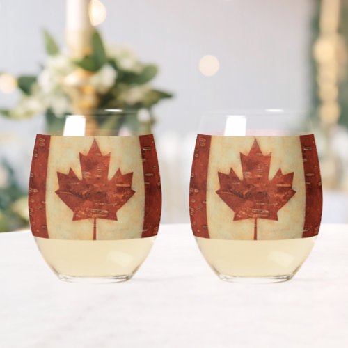 Canadian Flag On Inner Birch Bark Stemless Wine Glass