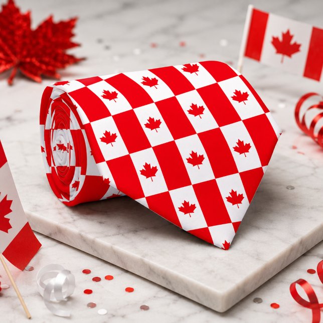 Canadian Flag Red White Maple Leaf Checker Pattern Neck Tie (Creator Uploaded)