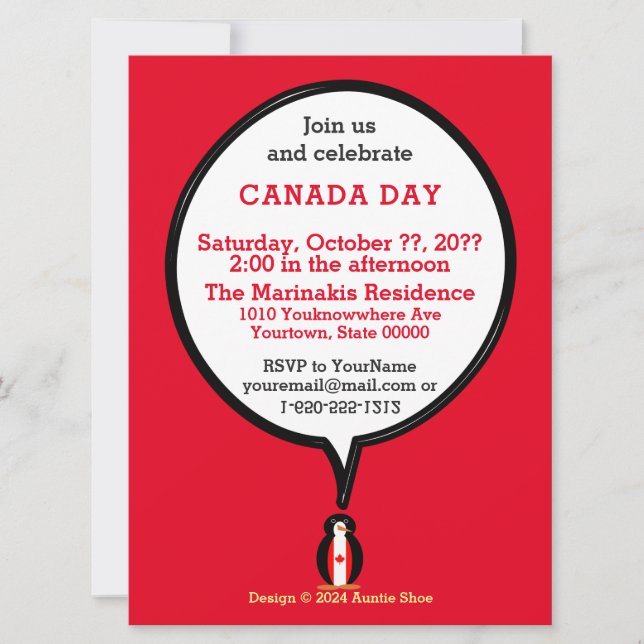 Canadian Flag Talking Ms. Penguin Canada Day Invitation (Front)