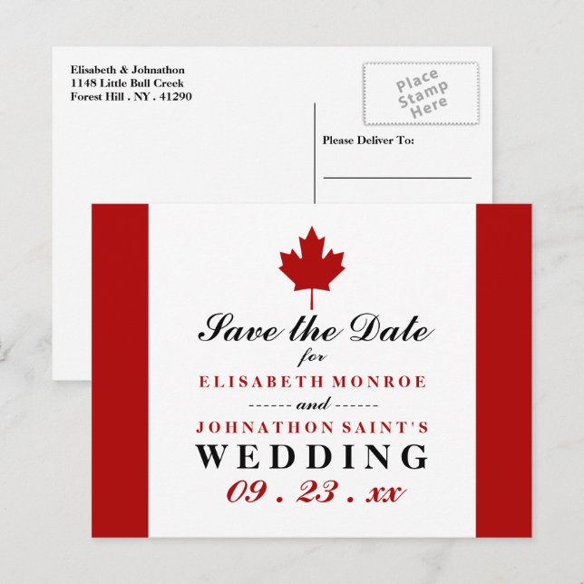 Canadian Flag Wedding Save The Date Announcement Postcard (Front/Back)