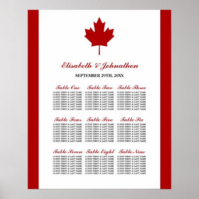 Canadian Flag Wedding Seating Chart (Front)