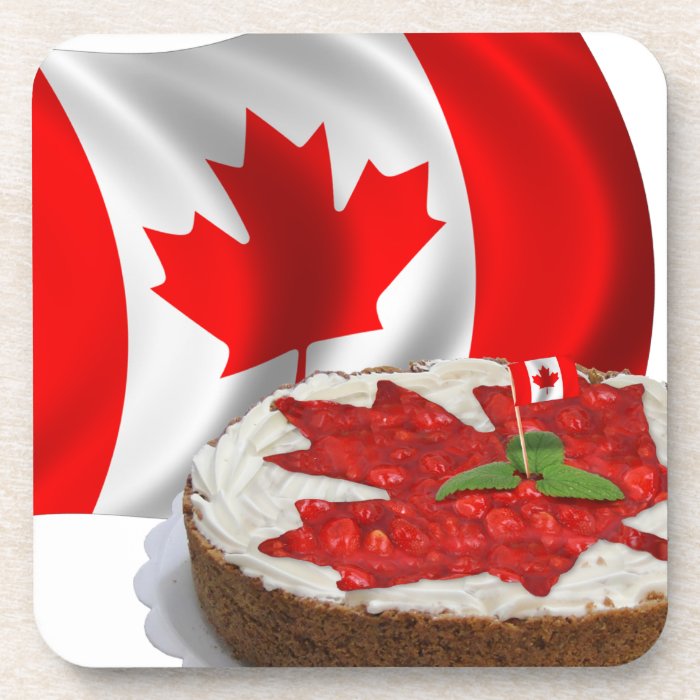 Canadian Flag with Cherry Maple Leaf Cake Beverage Coasters