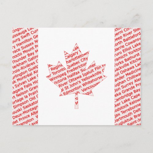 Canadian flag with city and town names postcard