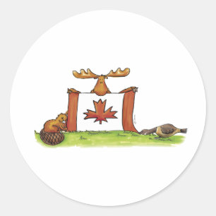 Canadian Flag with moose, beaver and goose Classic Round Sticker