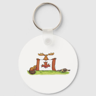 Canadian Flag with moose, beaver and goose Keychain