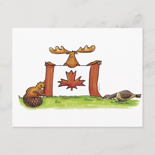 Canadian Flag with moose beaver and goose Postcard