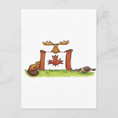 Canadian Flag with moose beaver and goose Postcard