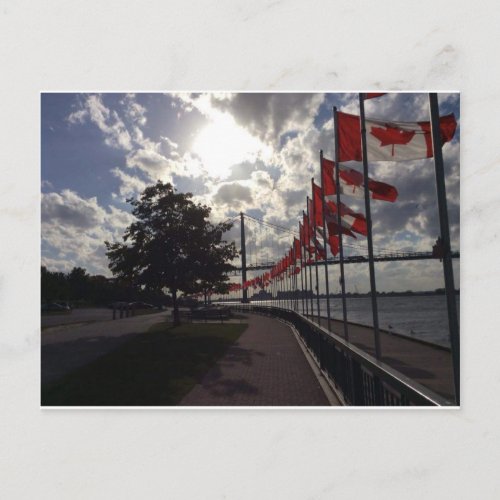 Canadian flags on the riverside postcard