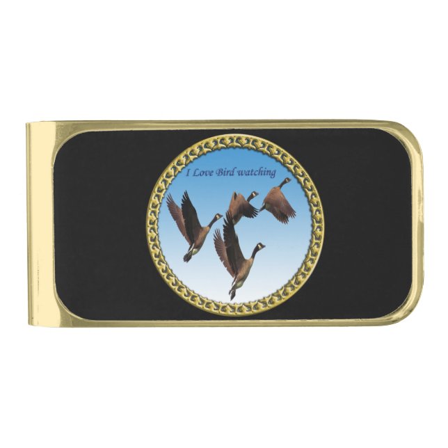 Canadian geese flying together kids design gold finish money clip (Front)