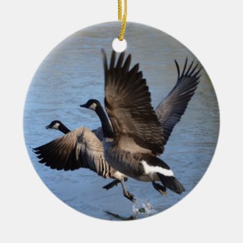 Canadian Geese Taking Flight Ceramic Ornament by WackemArt at Zazzle