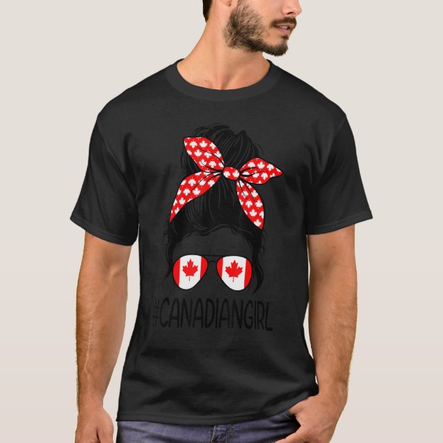 Canadian Girl Messy Bun Flag Canada Girl Roots Can T-Shirt (Front)