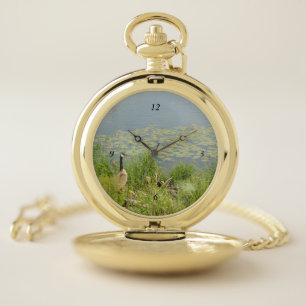 Canadian Goose by Water Lillies Pocket Watch