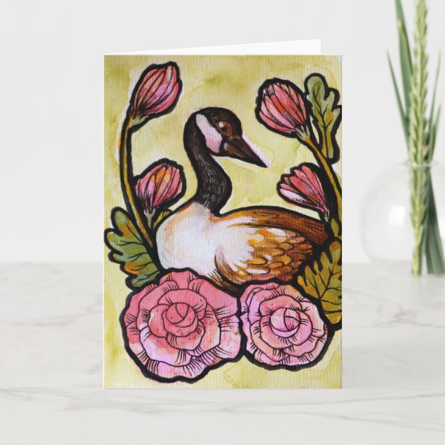 Canadian Goose Canada Geese Pink Floral Art        Card (Front)