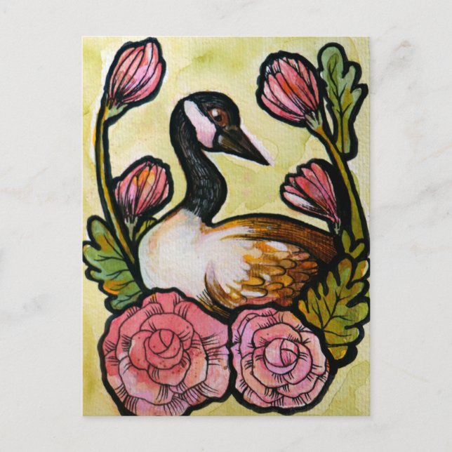 Canadian Goose Canada Geese Pink Floral Art        Postcard (Front)