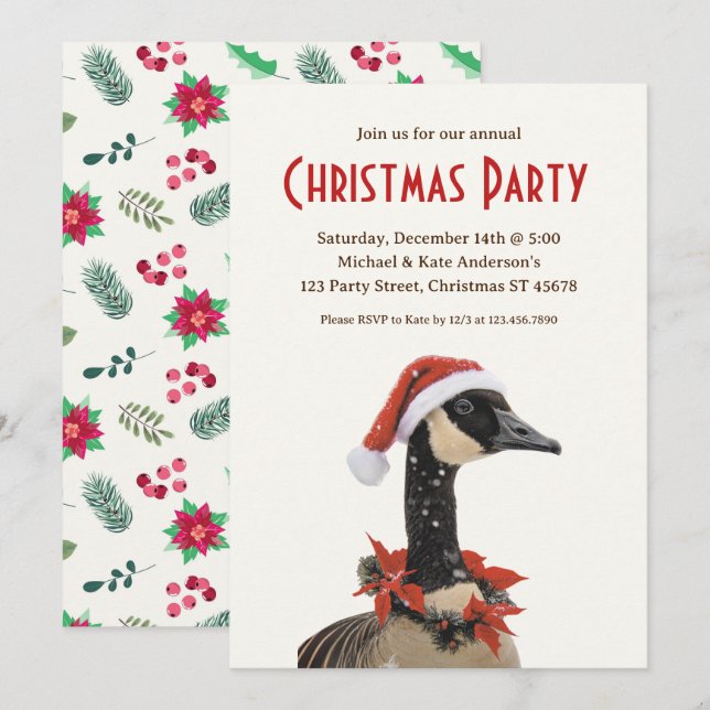 Canadian Goose Red Hat Poinsettias Christmas Party Invitation (Front/Back)