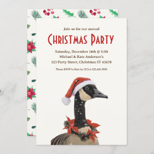 Canadian Goose Red Hat Poinsettias Christmas Party Invitation