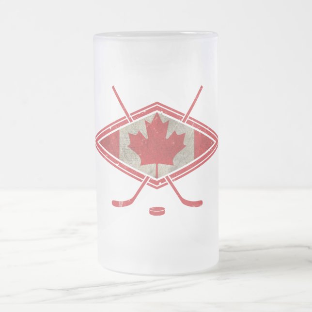 Canadian Hockey Flag Logo Frosted Glass Beer Mug (Center)