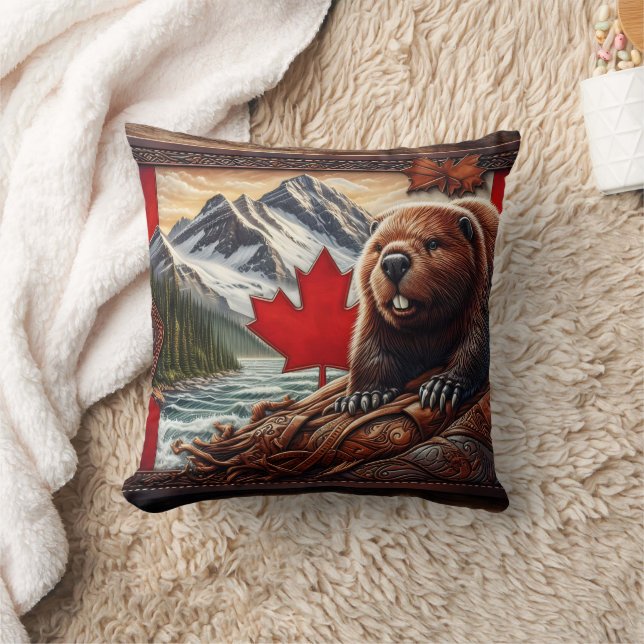 Canadian Landscape With Beaver and Maple Leaf Throw Pillow (Blanket)