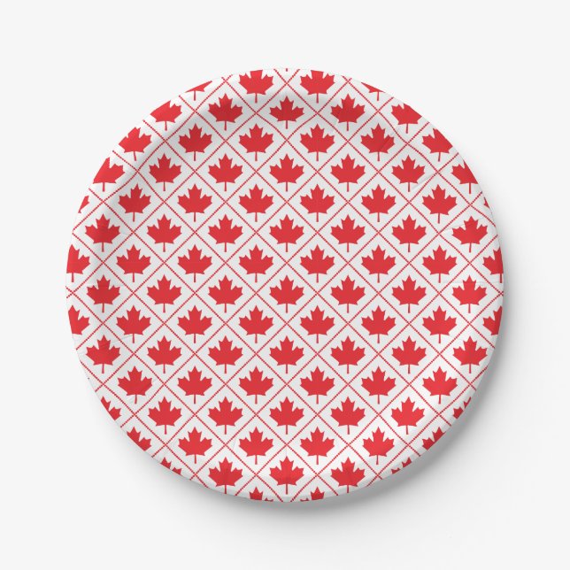 Canadian Maple Leaf Red and White Diamond Pattern Paper Plates (Front)