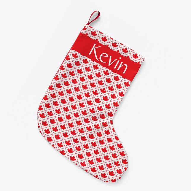 Canadian Maple Leaf Red and White Diamond Pattern Small Christmas Stocking (Front (Hanging))