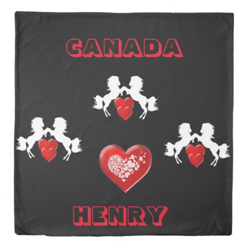 Canadian Modern Trendy Red Heart Horses Black Duvet Cover