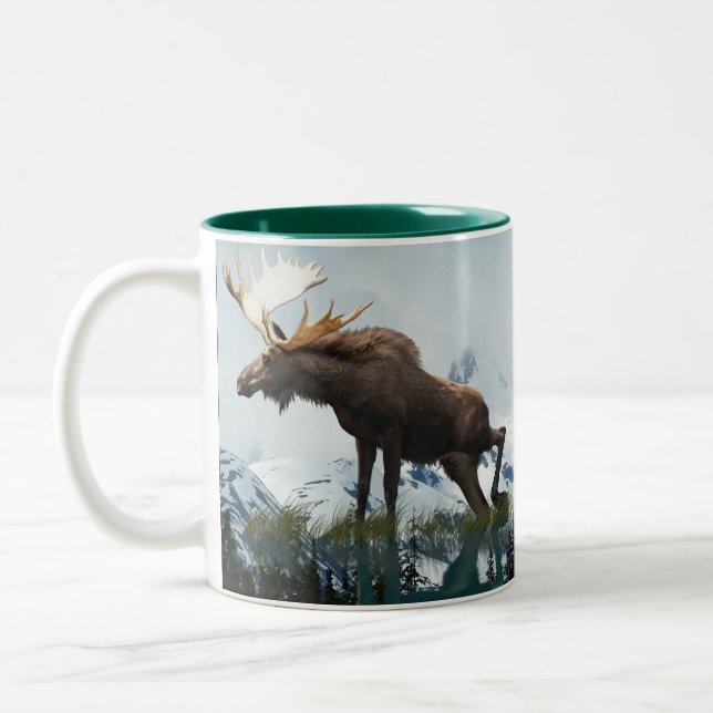 Canadian Moose & Mountains Wildlife Nature Two-Tone Coffee Mug (Left)