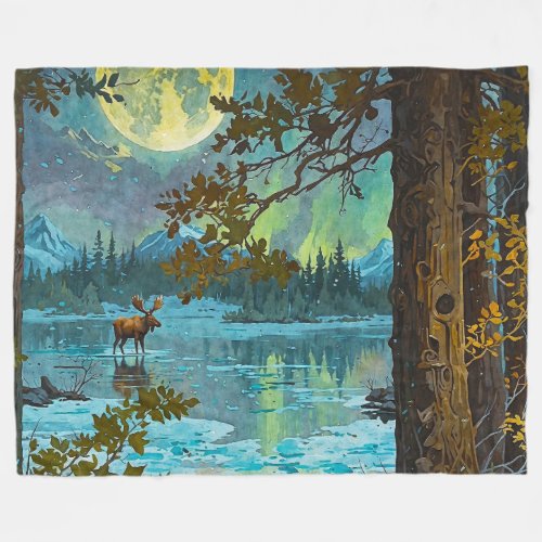 Canadian Moose  Winter Moon Fleece Blanket