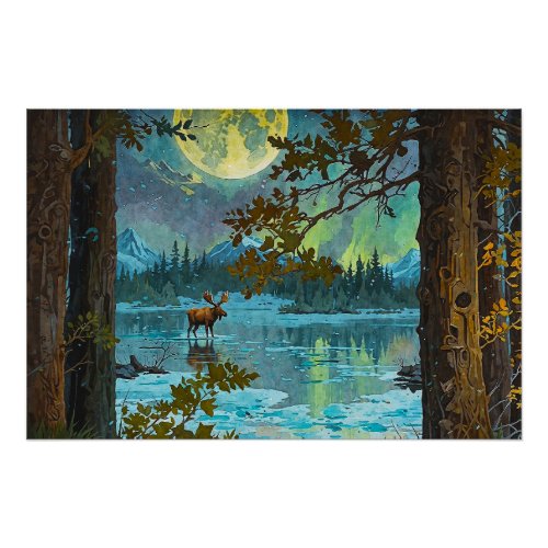 Canadian Moose  Winter Moon Poster
