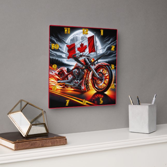 Canadian motorcycle cruising under a full moon square wall clock (Office)