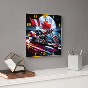 Canadian motorcycle cruising under a full moon square wall clock
