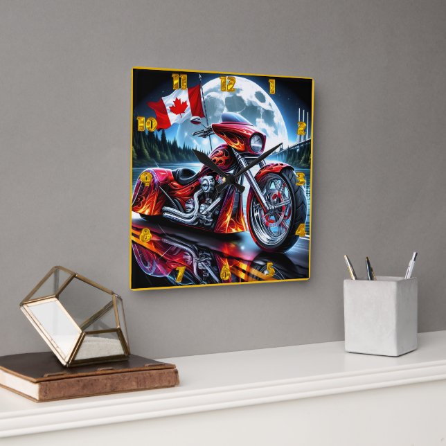 Canadian motorcycle cruising under a full moon square wall clock (Office)