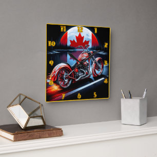 Canadian motorcycle under a moonlit flag square wall clock